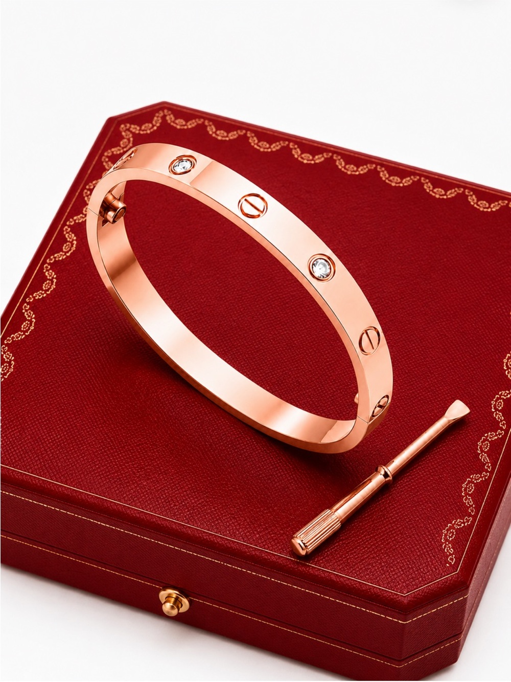 Stamped Rose Gold Plated Love Bangle Bracelet with Stones Waterproof Tarnish